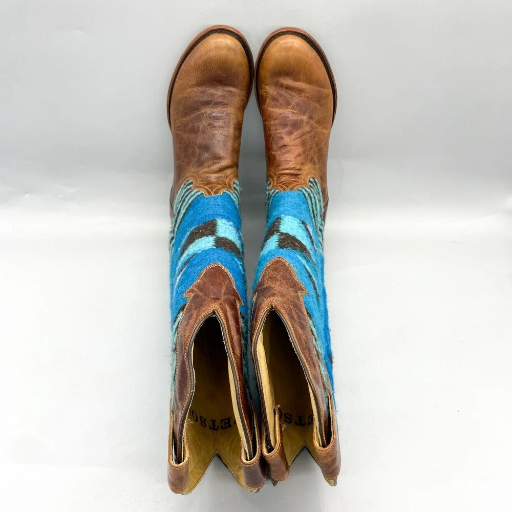 Stetson Womens 9 Serape Aztec Blanket Boots Shoe Blue Brown Tall Western Cowgirl_7